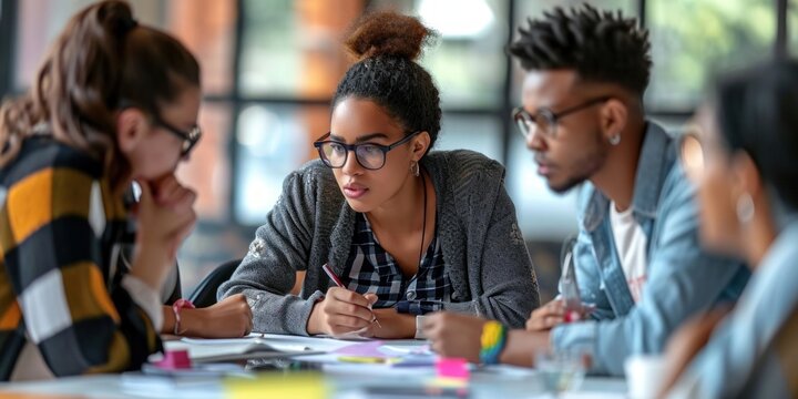 Diverse team brainstorming, female head consulting for future project, Generative AI
