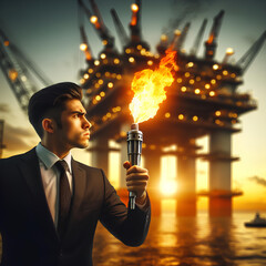man's hand with a gas burner against the background of gas towers