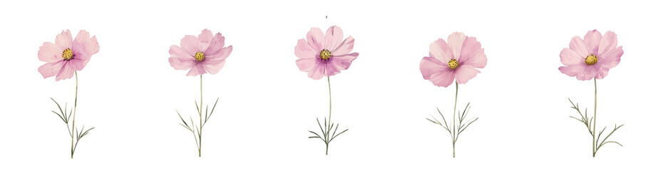 Pink flowers in isolated beauty, nature's vibrant bloom captured on a white backdrop, watercolor digital art, white background, pastel color theme