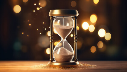 Hourglass on the background of a garland - obrazy, fototapety, plakaty