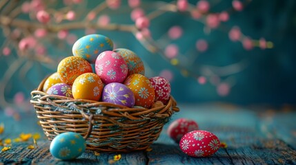 Vibrant Easter eggs arranged in a picturesque basket, radiating festive colors and patterns