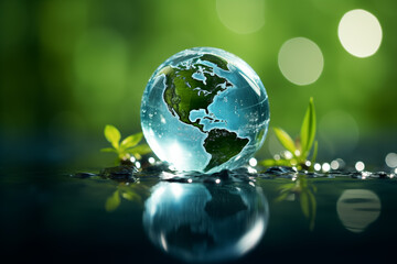 A transparent glass globe with the continents in green, representing Earth, rests on a reflective surface surrounded by water droplets.
