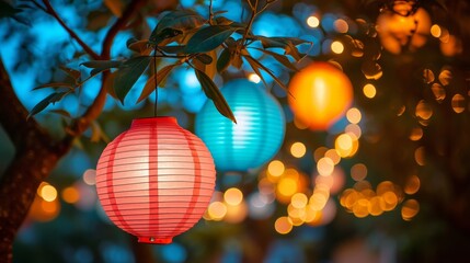 Obraz premium Colorful lanterns hanging from tree branches, illuminating a festive garden party