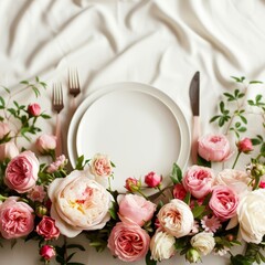 Obraz na płótnie Canvas An elegant table setting adorned with fresh roses and peonies, perfect for a spring celebration