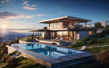 comfortable modern house on a hill with garage and swimming pool. generative ai