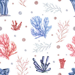 Seamless pattern with undersea polyps, plants and water bubbles. Blue, pink corals. Coral reef...