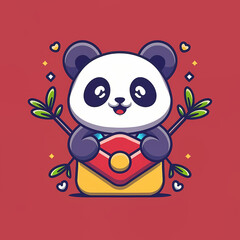 Flat logo of chibi panda isolated on a red lucky envelope background.