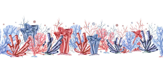 Horizontal seamless banner with undersea corals, plants. Colored polyps. Lagoon underwater world. Marine fauna. Watercolor illustration for textile, package