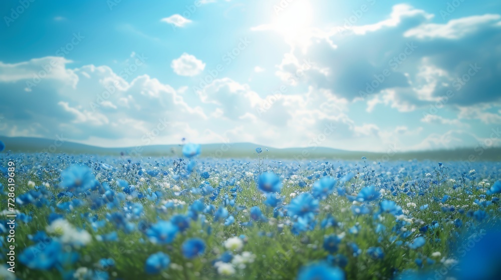 Wall mural beautiful natural background with blue flower field and blue sky large copyspace area with copy spac