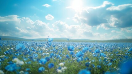 Beautiful natural background with blue flower field and blue sky large copyspace area with copy space for text