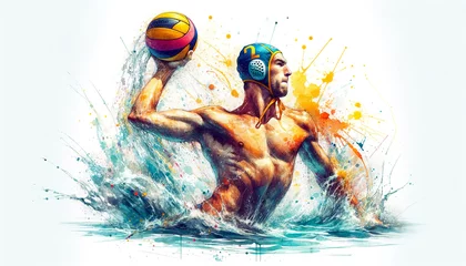 Fotobehang Vivid watercolor illustration of a male water polo player in action with dynamic splashes of color to highlight the movement. Sports concept. AI generated. © Czintos Ödön
