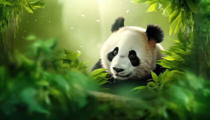 A lonely panda lives in nature