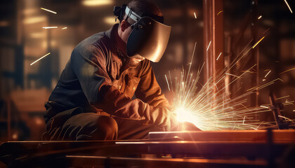 Welder working at construction site with equipment