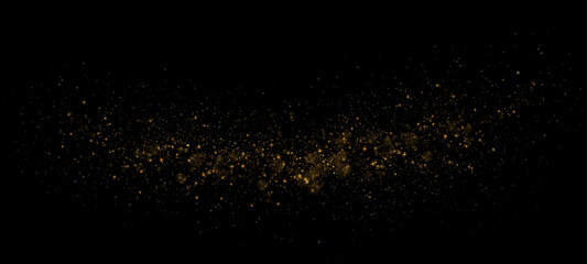 Dust sparks and golden stars shine with special light. Vector sparks on black background. Christmas light effect. Sparkling magic dust particles.	