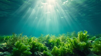 Beautiful sea background with algae on the bottom large copyspace area with copy space for text