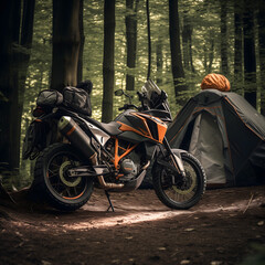 Off-Grid Adventure: Touring Motorcycle with Camping Setup in a Misty Forest