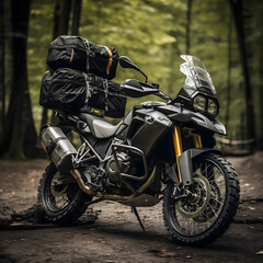 Wilderness Explorer: Fully-Loaded Adventure Motorcycle Ready for Off-Road Journey in Forest