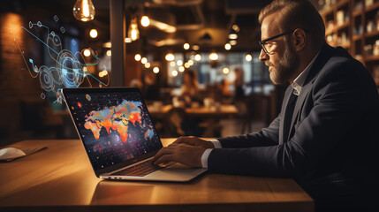 A focused male entrepreneur analyzes data on a laptop displaying colorful, abstract social media icons and a vibrant world map, in a cozy cafe setting...