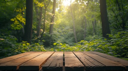 An empty wooden podium, bathed in soft sunlight, amidst a tranquil forest clearing