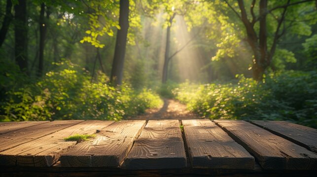 An empty wooden podium, bathed in soft sunlight, amidst a tranquil forest clearing