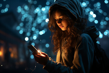 Young woman engrossed in her smartphone at night with a backdrop of magical bokeh lights, urban tech life