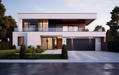 modern minimalist block house with garage. Building a contemporary villa exterior. Private real estate. generative ai