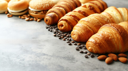 Golden croissants with coffee beans and almonds on a grey surface, with sesame-seeded buns in the background
