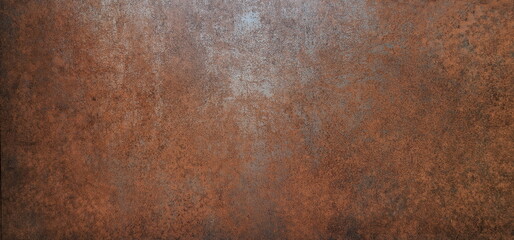 Brown rust on the surface of the old iron sheet plates placed outdoors exposed to rain, dust and...