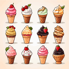 cartoon illustration of ice cream set on isolated white background