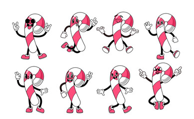 Retro Christmas Candy Cane Cartoon Character, Adorned With Vibrant Stripes And Sweet Smile, Embodies Festive Nostalgia