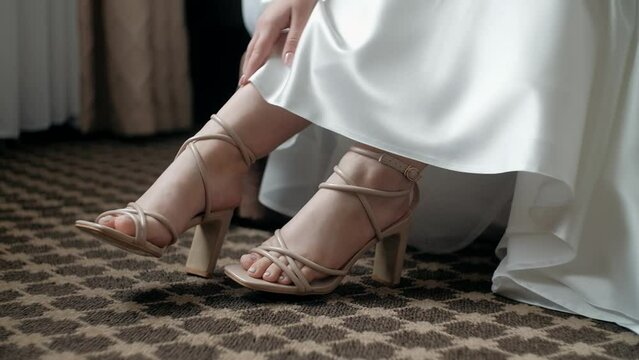 the bride puts on her shoes and straightens them, stroking her feet