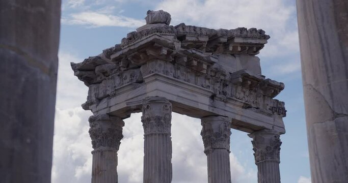 The ruins of The temple of Trajan through a row of pillars in Pergamum.