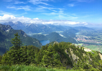 Panoramic view of mountains on a summer day. Top view. Bavaria. Germany.