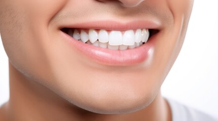 A close up photo of the lower part of a male face. handsome cute smile with very clean perfect teeth. 