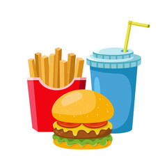 Burger, Soda and French Fries Combo Street Food Menu Item Vector Detailed Illustration on white background