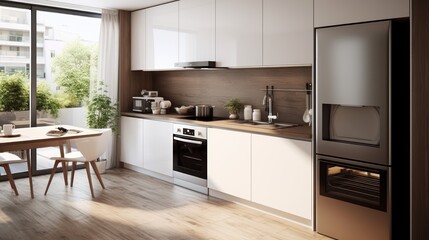 A small kitchen, 4 by 3 meters in size, in white color, with a modern design. 