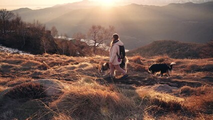 A girl walking in the mountains with her dogs at sunset.