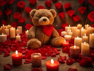 Valentine's day background with teddy bear and candles.
