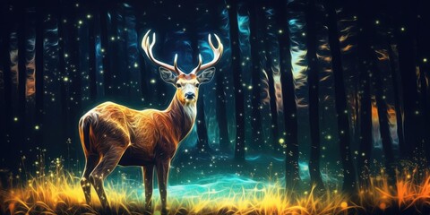 An antelope glows in the forest at night, diamond wire photography,