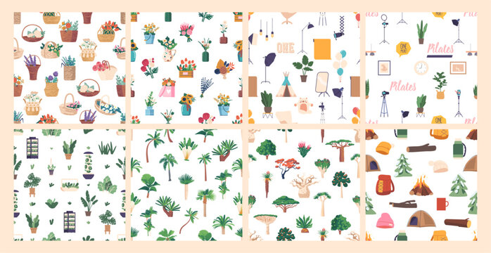 Set of Seamless Patterns with Plants, Vibrant Bouquets Of Flowers in Baskets and Boxes, Ancient Prehistoric Trees