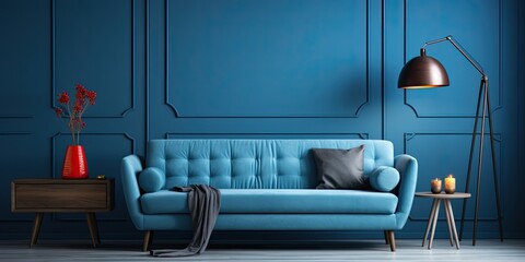 Blue trendy living room with a stylish grey lamp.