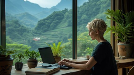 female short haired freelancer working on her laptop in her home office, in the background is a serene and calm mountain view