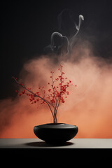 a vase with flower on color background with smoke