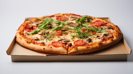 a pizza with tomatoes, mozzarella, and basil