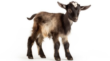 On a pristine white background, a young goat kid stands confidently. 