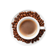 Coffee Beans in a White Cup on a Saucer with Aromatic Espresso