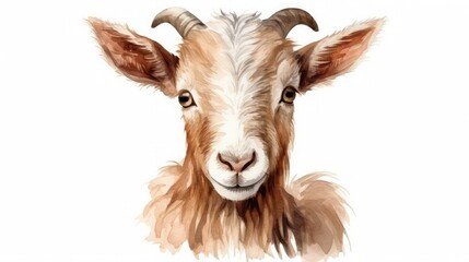 Watercolor face of goat on white background, realistic, 