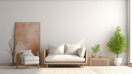 Fototapeta na wymiar a living room with white walls and a couch, chair, and a plants