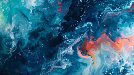 Abstract fluid art background with swirling blue, teal, and hints of orange and red, resembling a cosmic galaxy or ocean waves.
