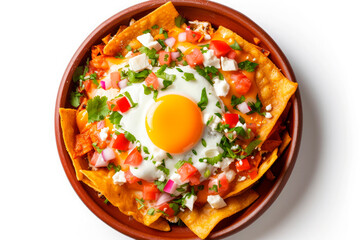 Traditional mexican chilaquiles isolated on white background. Mexican breakfast - obrazy, fototapety, plakaty